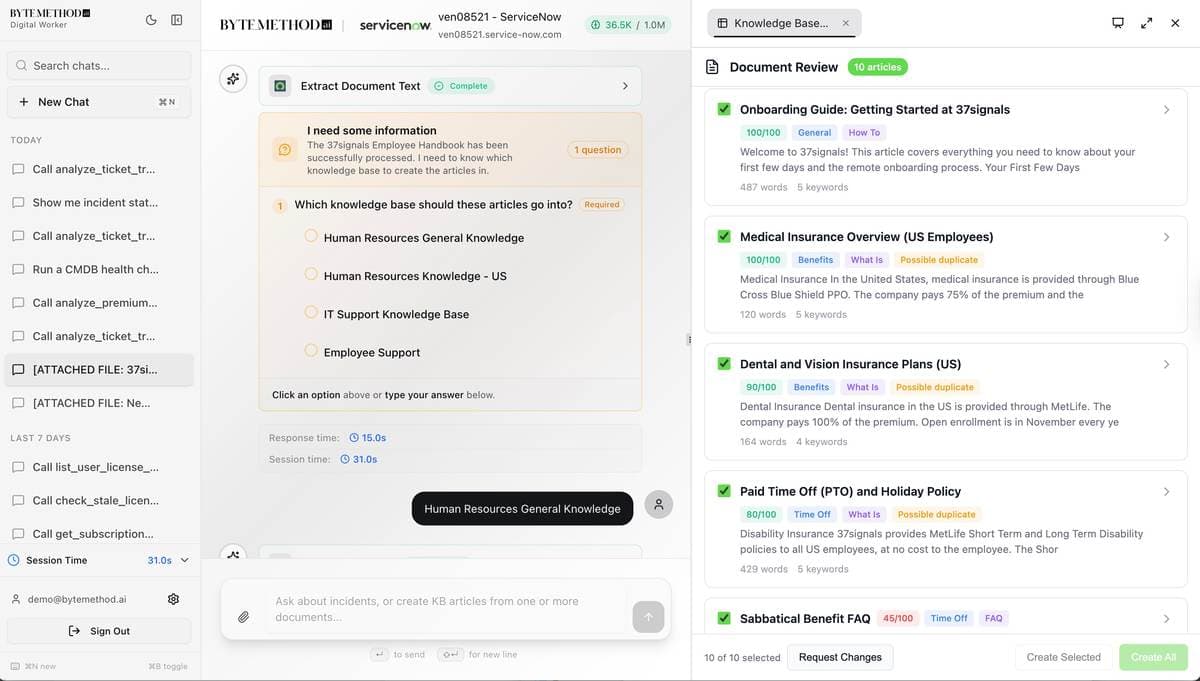 Digital Worker reviewing a source document and drafting multiple knowledge base articles for ServiceNow