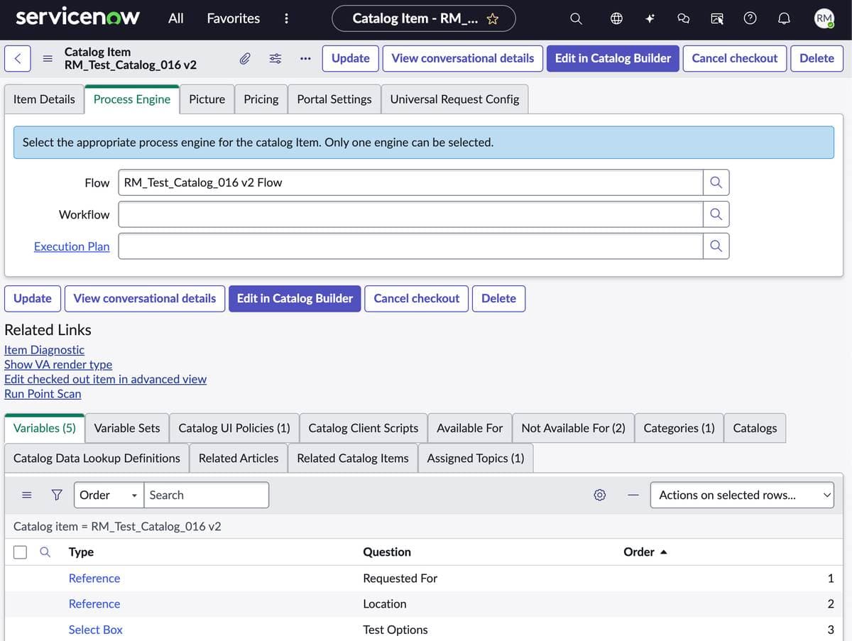 ServiceNow Catalog Item form built by the Digital Worker showing its Process Engine flow, variables, UI policies, and client scripts